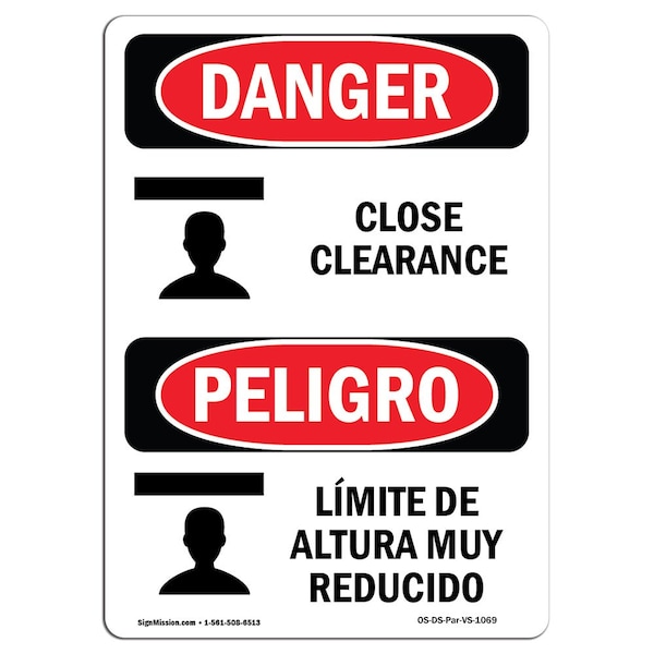 Safety Sign, OSHA Danger, 5" Height, Close Clearance Bilingual Spanish, 10PK
